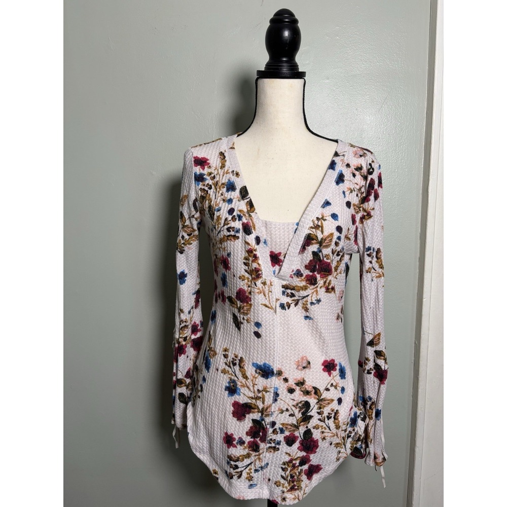 William Rast Wild Grace Off White Floral Waffle Knit Tunic Top L Boho Romantic